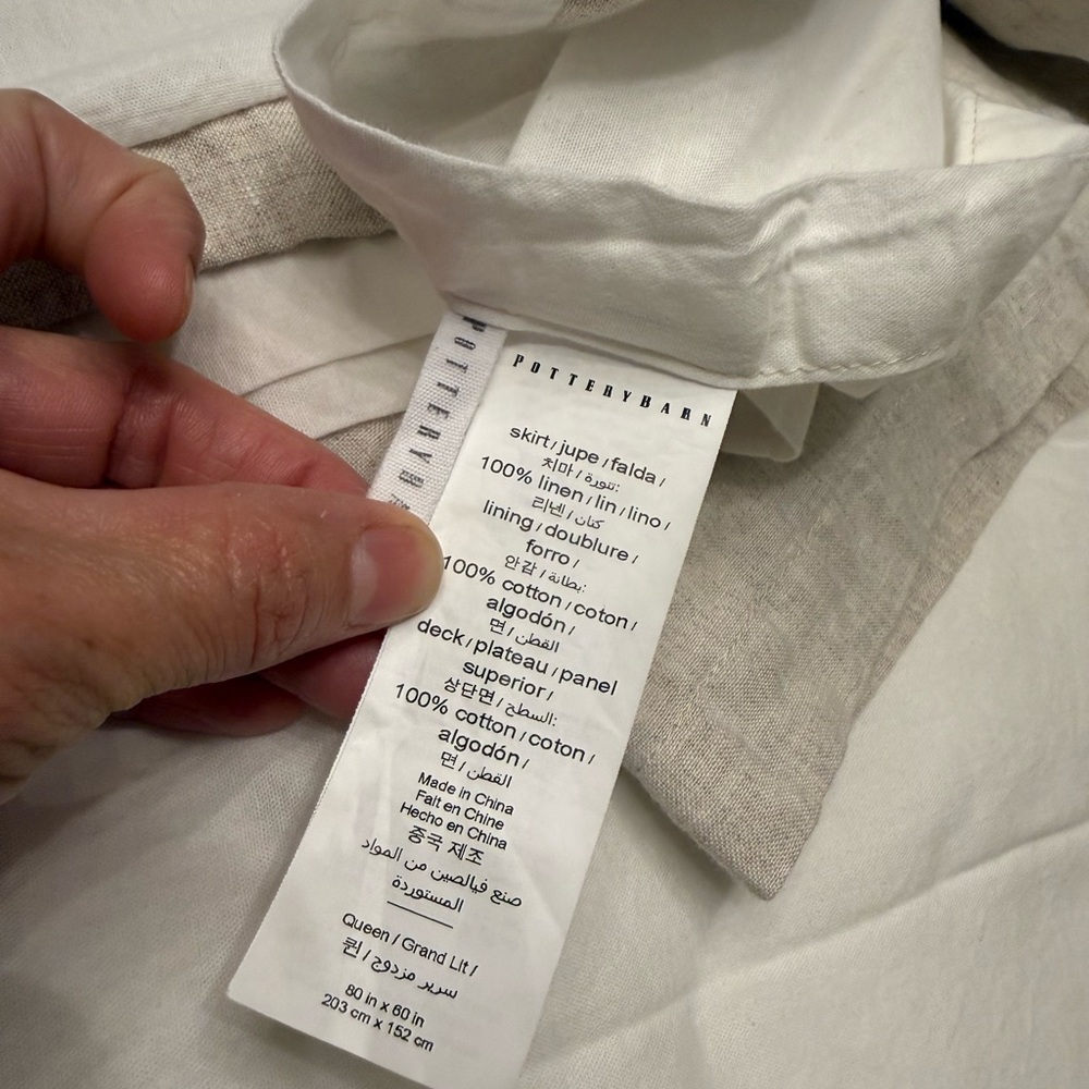 Pottery Barn White and Tan Linen Bed Skirt